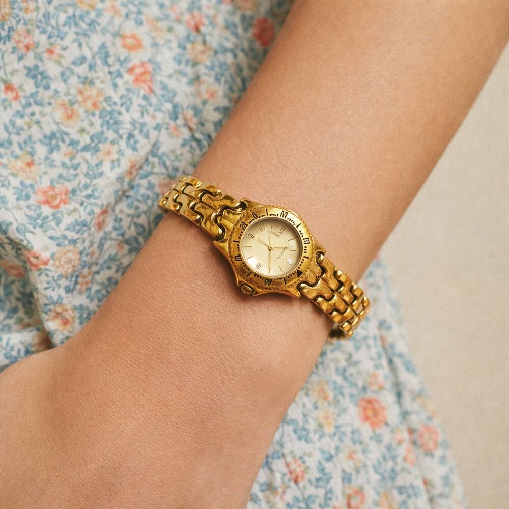 Vintage Sergio Valente Gold Tone Watch Y2K Sculptural Bracelet 8 untested
